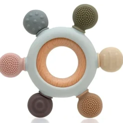 KIOKIDS Chupetes Y Dentición|Juegos De Madera-Mordedor madera y silicona sensorial