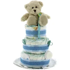 EXCLUSIVO DRIM Regalos De Nacimiento-Tarta de pañales de tres pisos Osito con accesorios azul